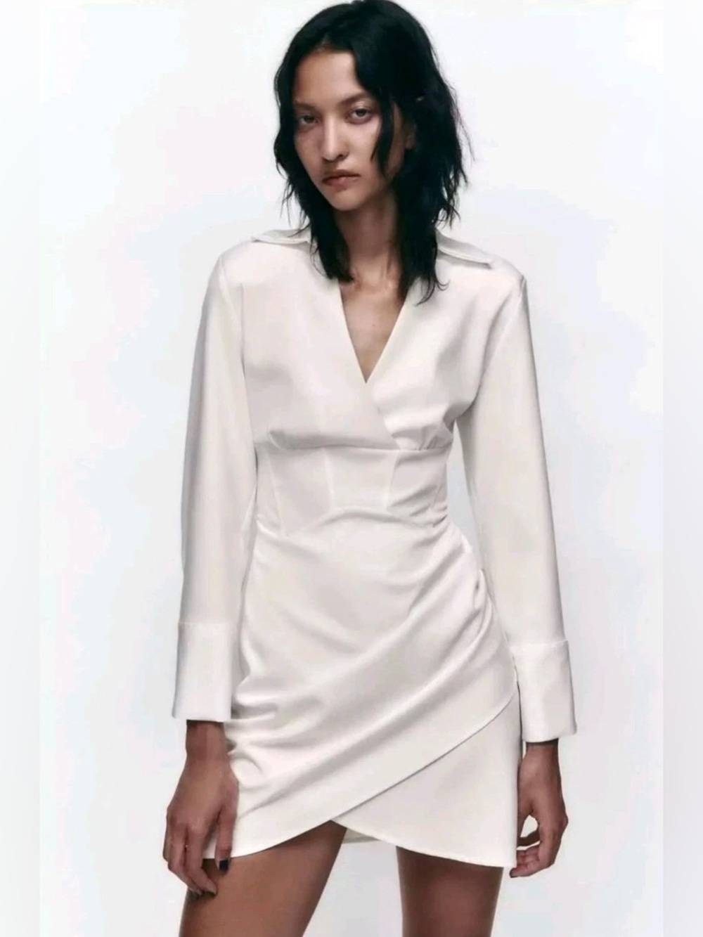 ZARA Oyster White Ruched Corset Long Sleeve Dress